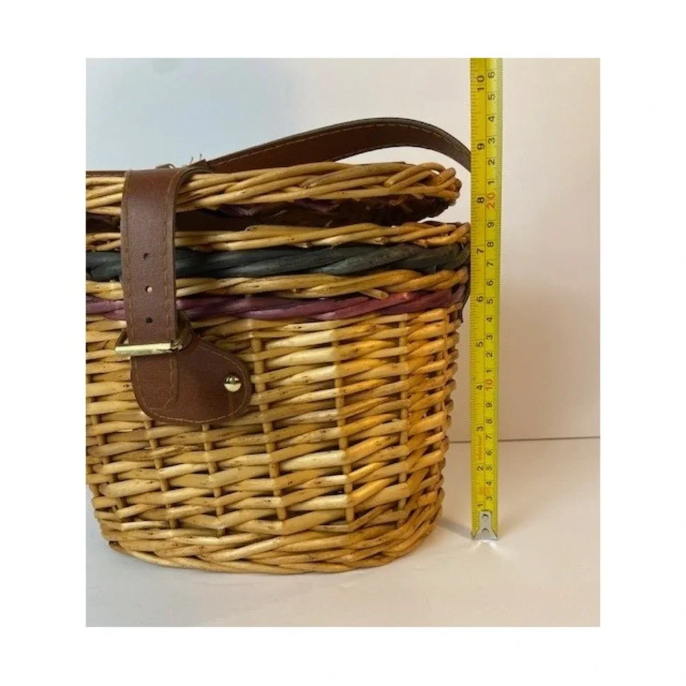 Vintage Wicker Basket Crossbody Bag Woven Picnic Purse Green Purple Accents